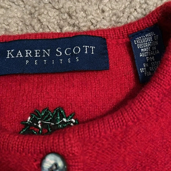 Karen Scott Red Poinsettia Holiday Wool Embroidered Petite Cropped Cardigan - Picture 5 of 7